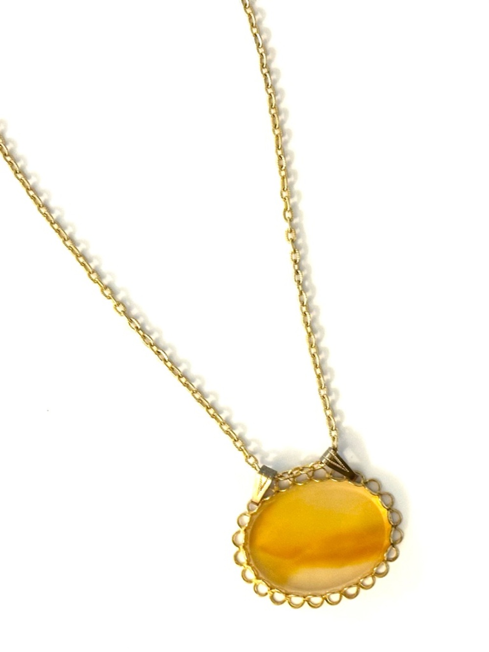 Polished Glass Oval Pendant Necklace in Yellow Orange with Gold Tone Chain
